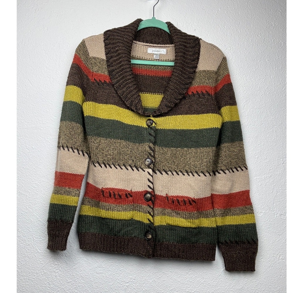 Dressbarn Multicolor Striped Cardigan - M - Shawl Collar Whipstitch Boho Autumn